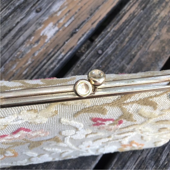 Floral Tapestry Burned Velvet Carpet Bag Purse Lucite Vintage Pink Green 50s 60s - Picture 8 of 10